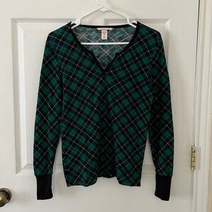 Victoria's Secret Green and Black Plaid Long Sleeve Top